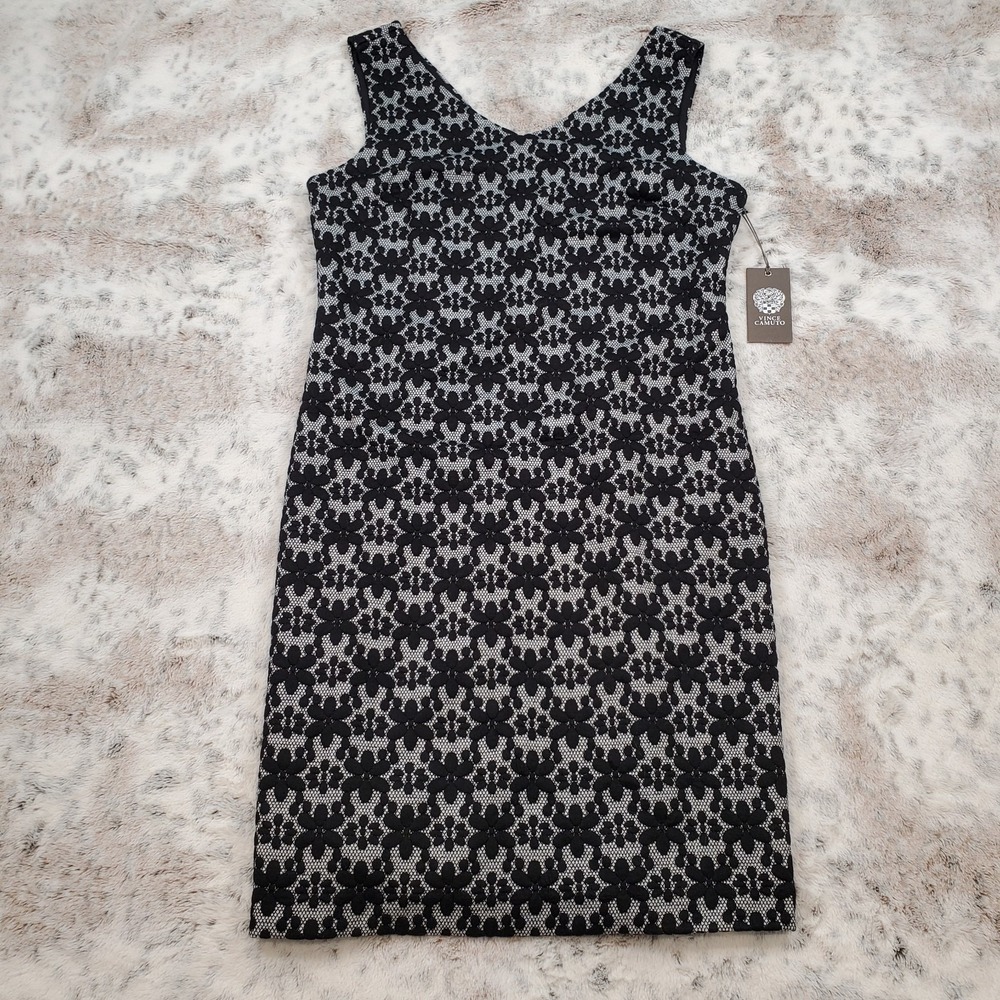Vince Camuto Sheath Dress Sz M Illusion Floral Lace Rich Black Knee Length